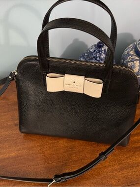 kate spade Black Pebble Leather Satchel with Cream Bow